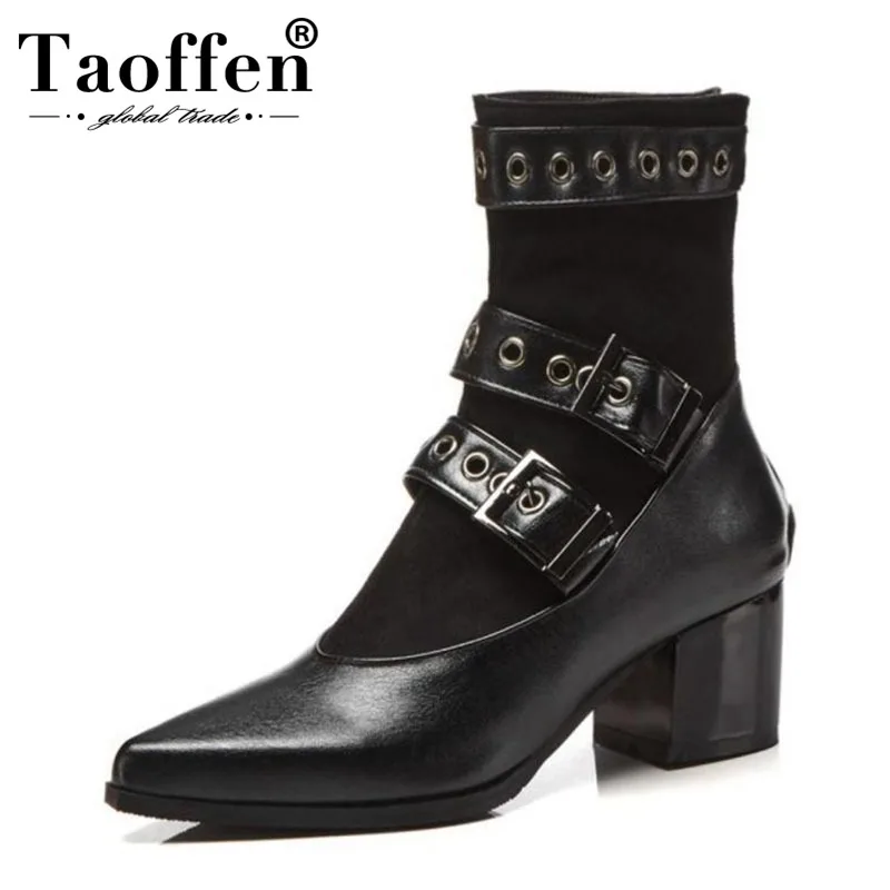 

Taoffen Plus Size 32-48 Fashion Women High Heel Boots Buckle Patchwork Warm Shoes Women Winter Half Short Boots Sexy Shoes