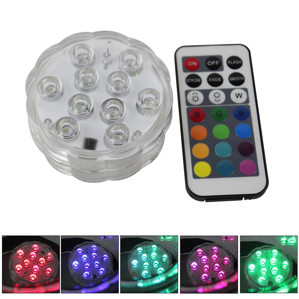 Battery Powered 10-LED RGB Waterproof Submersible Lights with Remote Controller 