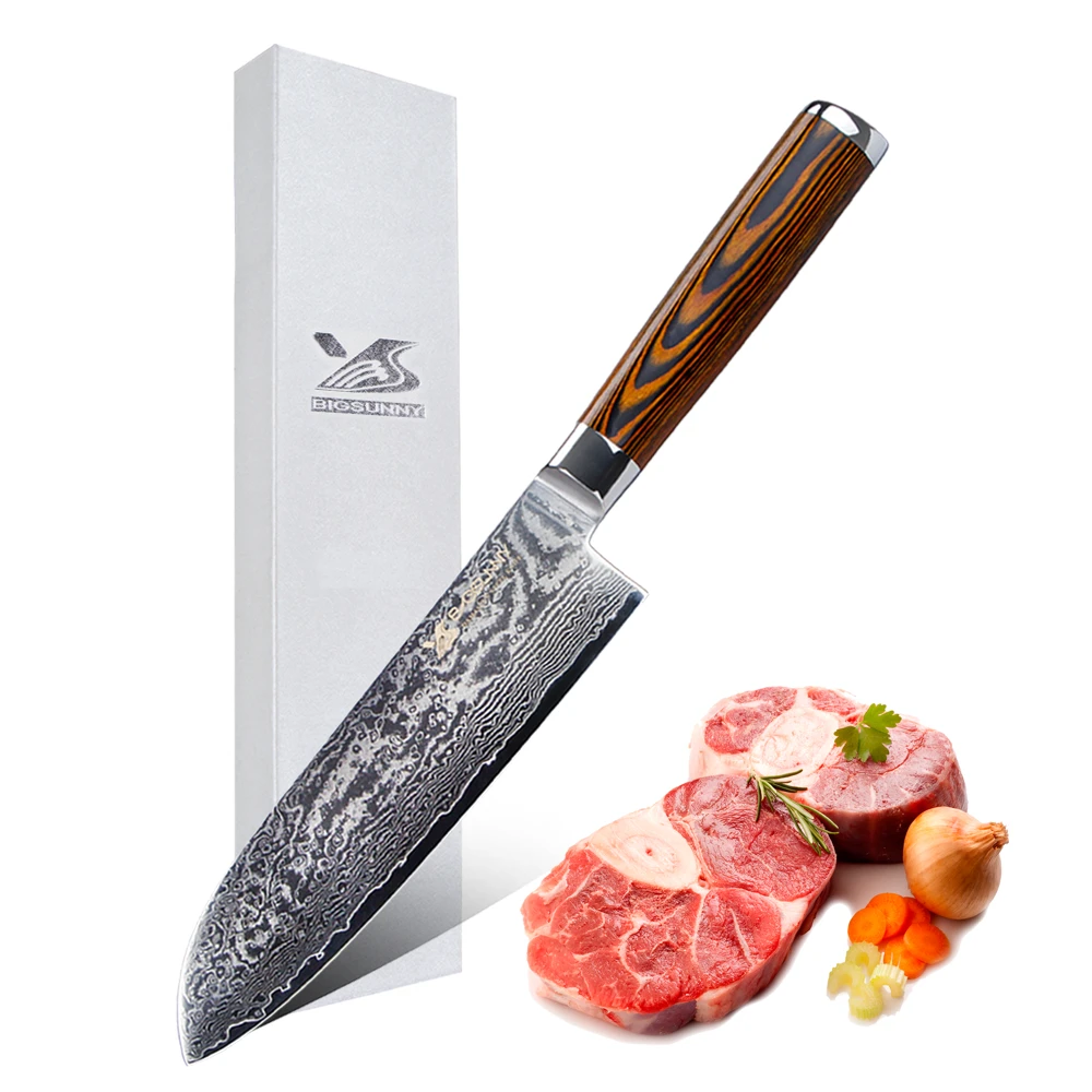 BIGSUNNY 7 дюймов Santoku нож для тонкой нарезки с деревянной ручкой Pakka, 67 слоев дамасской стали тонкое лезвие