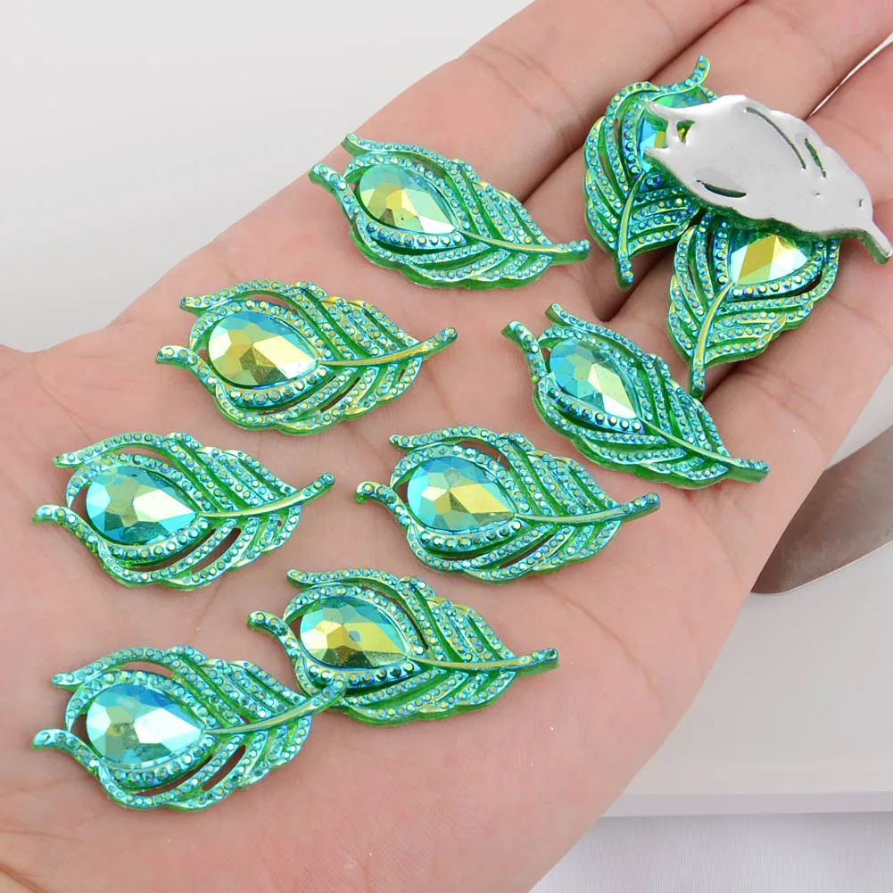 

BOLIAO AB Color 10Pcs 20*38mm( 0.79in*1.5in ) Peacock Leaf Resin Shining Green Crystal Flatback No Hole Glue Crafts DIY