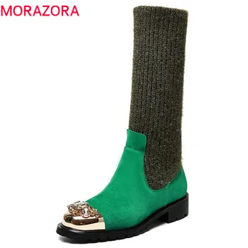

MORAZORA 2019 new arrival mid calf boots women cow suede leather Stretch socks boots round toe autumn boots fashion shoes woman