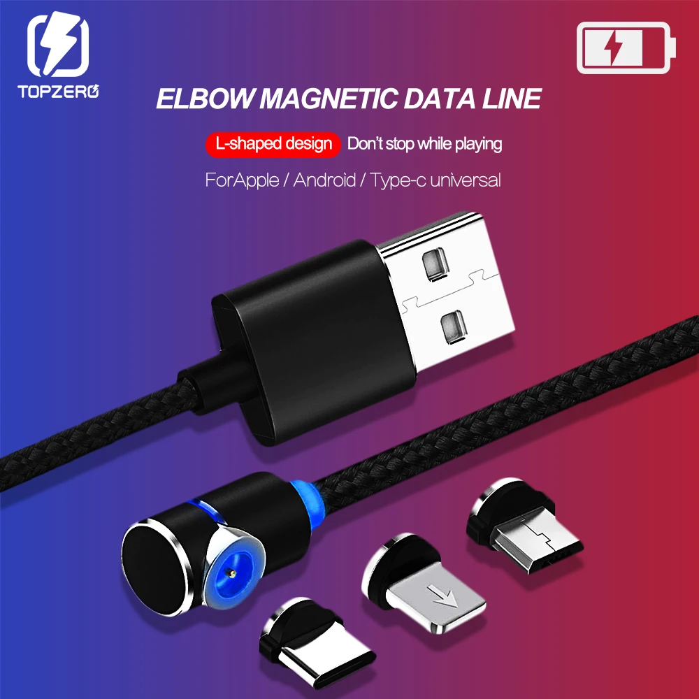 

90 degree Magnetic Usb Cable For Iphone X XS Max 8 7 6 Mobile Phone Charge Cable Micro USB Type C Cable For huawei Fast Charging