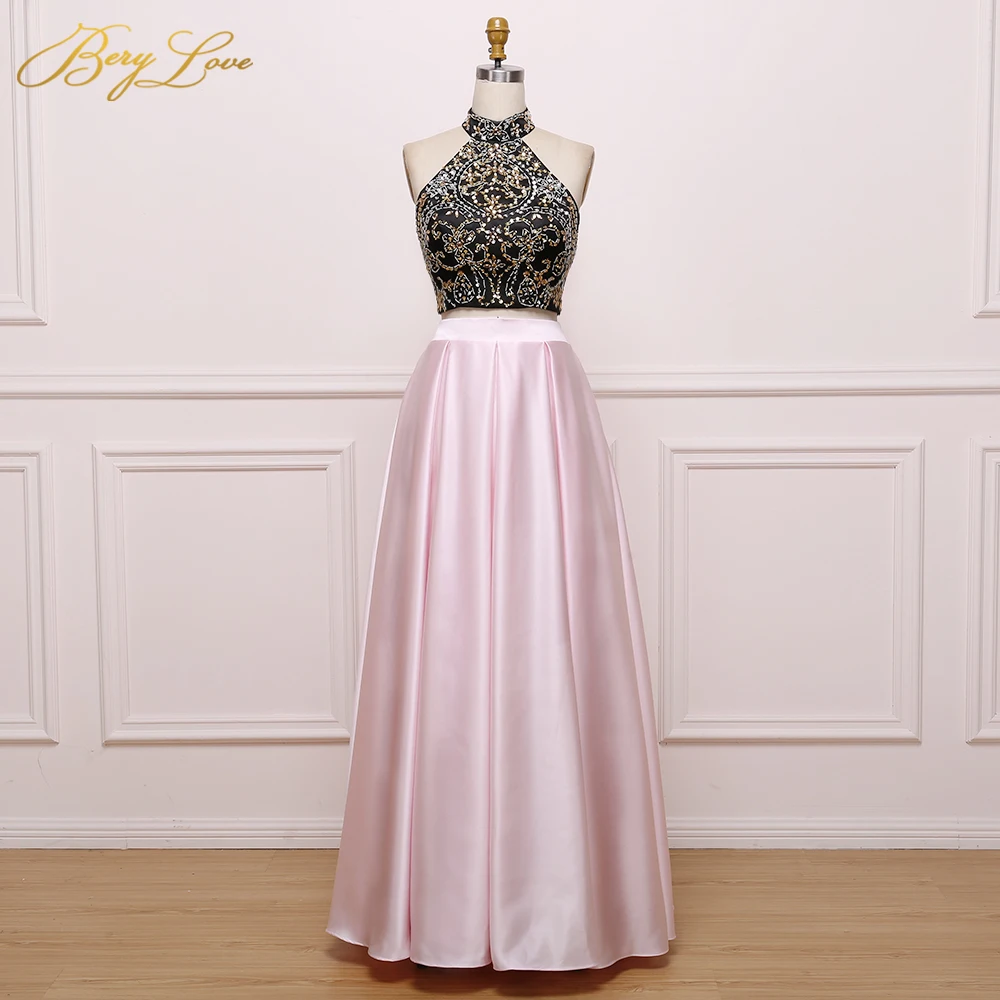 

Two Pieces Pink Evening Dresses 2019 Long Halter Neck Beaded Black Bodice Keyhole Back Satin Styles Plus Size Formal Gown Prom