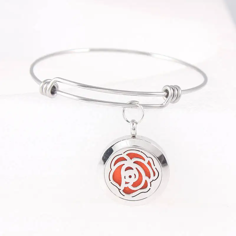 Rose Stainless Steel Love Essential Oil Diffuser Locket Bracelet Expandable Bangle 25mm Perfume Free 10pcs Pads | Украшения и