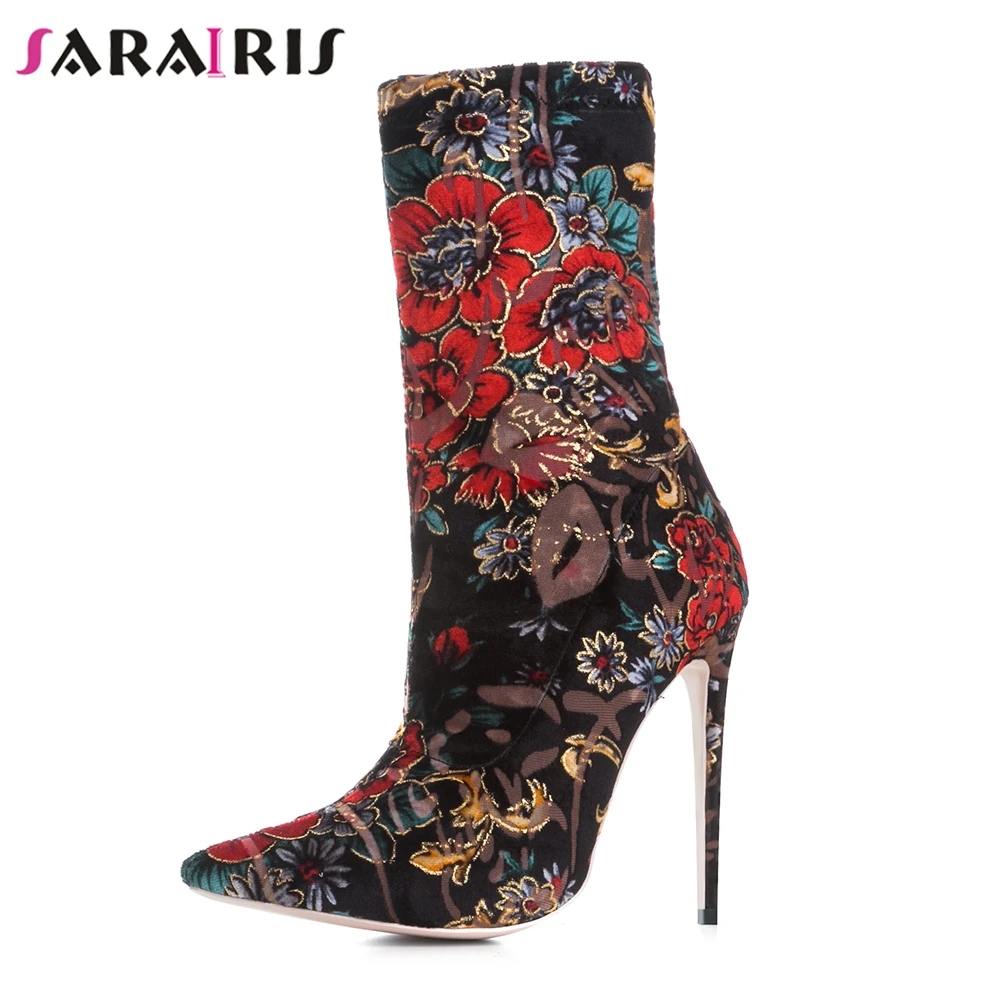 

SARAIRIS Brand New 12cm High Heels Print Flower Hot Sale Shoes Female Autumn 2018 Fashion Ankle Boots Large Size 33-43