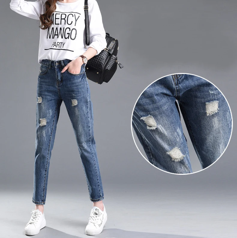 Зимние джинсы женские ;стильный Отверстия джинсы с высокой талией;ретро джинсы женские большие размеры штаны;черные брюки женские;Промытый и отбеленный женские джинсы;Толчок вверх досуг Узкие карандаш джинсы мом