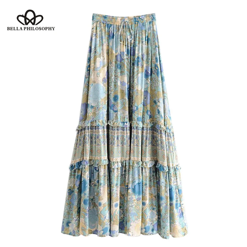 Boho Chic Summer Vintage Floral Print Ruffles Long Skirt 2019 New Elastic Waist Lace Up Maxi Beach Skirts Faldas Mujer Wonder