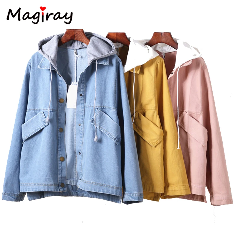 Magiray Harajuku Hooded Basic Denim Jacket Women 2019 Spring Autumn Pink Plus Size Outwear Trim Jeans Coat Looase Casual Top 339
