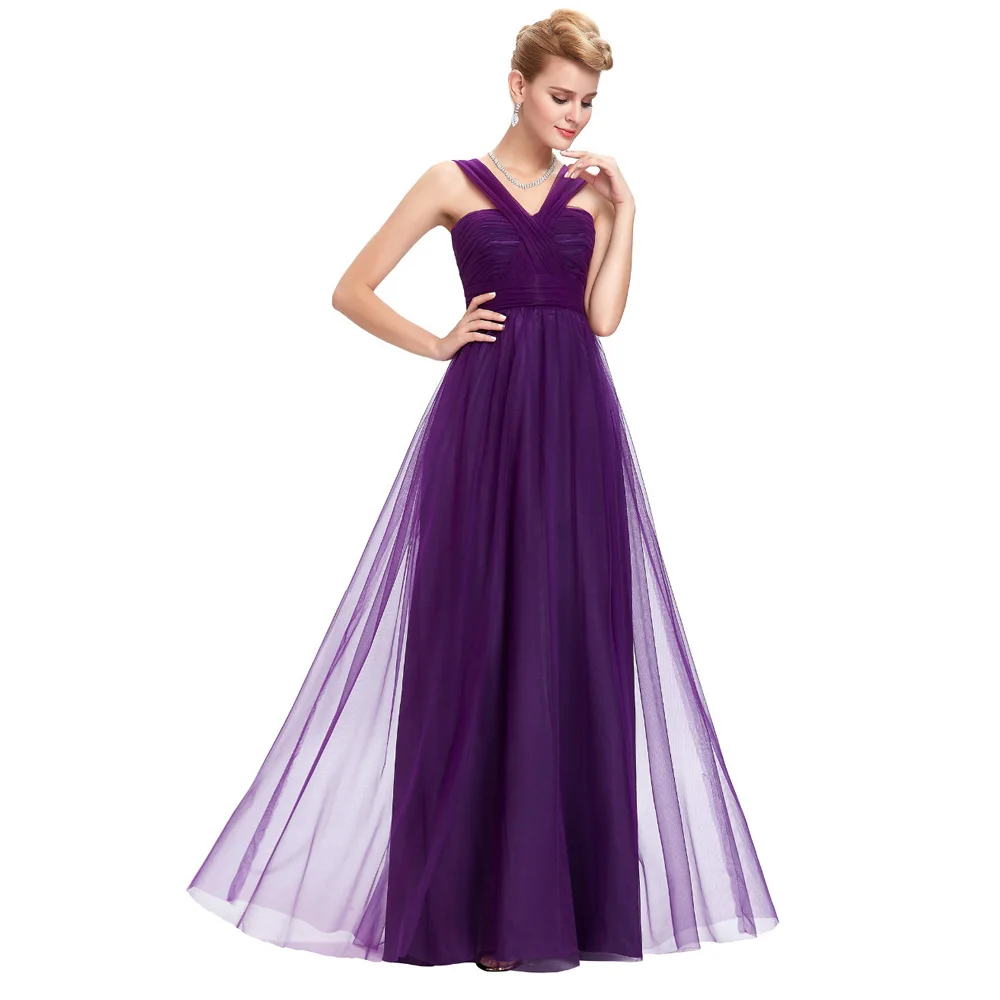 Purple Vestidos de madrinha2019 тюль сексуальный V шеи линии фиолетовый элегантные платья подружки невесты длинное свадебное платье для гостей - Color: Purple