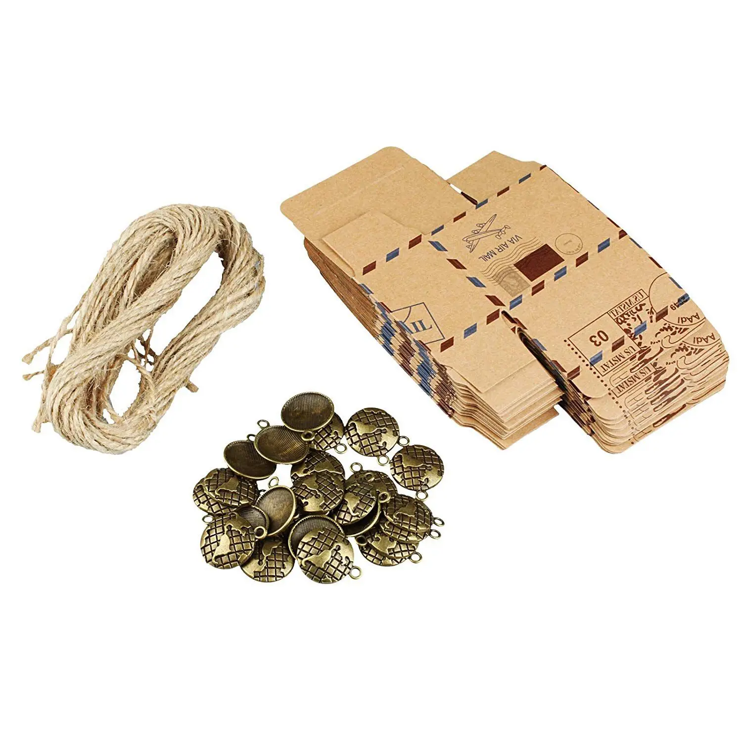 

50pcs Inspired Airmail Favor Boxes Bonbonniere With Globe Kraft Paper Candy Boxes Gift Box With Burlap Twines for wed