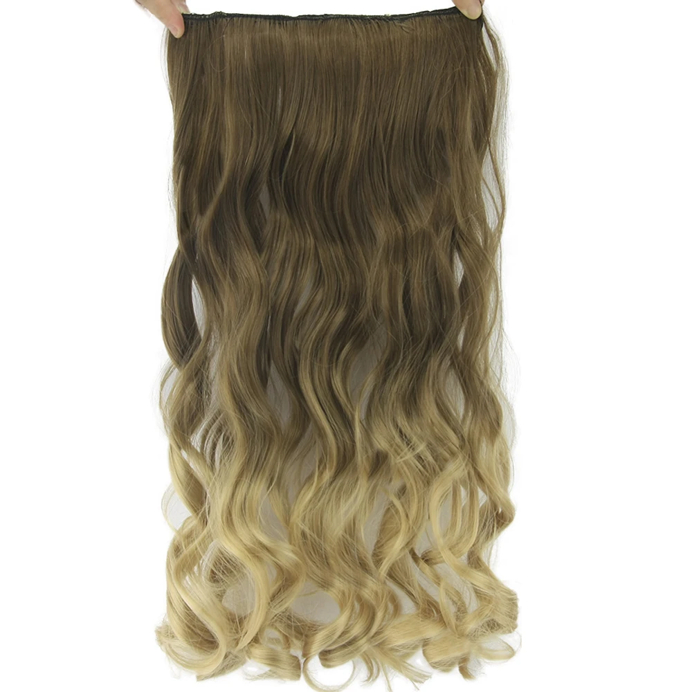 Soowee 60cm Long Wavy Brown to Blonde Women Hair High Tempreture Synthetic Ombre Hair Piece 5 Clip in Hair Extensions