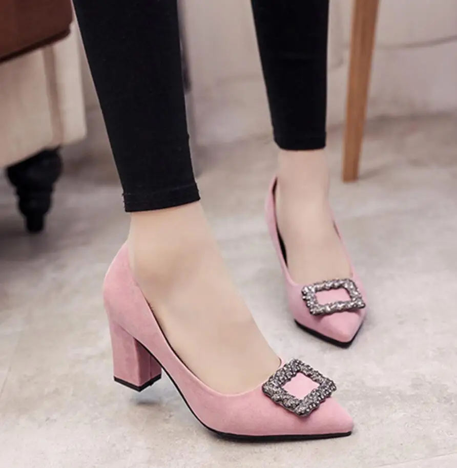 

2019 Spring elegant Women High Heels Faux Suede Pumps Pointed Toe Dress Shoes woman Square Heeled Ladies Shoes zapatos mujer