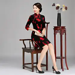 Горячая 2019 женский, черный Винтаж бархат Cheongsam с цветочным принтом мать китайское платье короткий рукав тонкий Elagant Qipao Размеры S-XXL