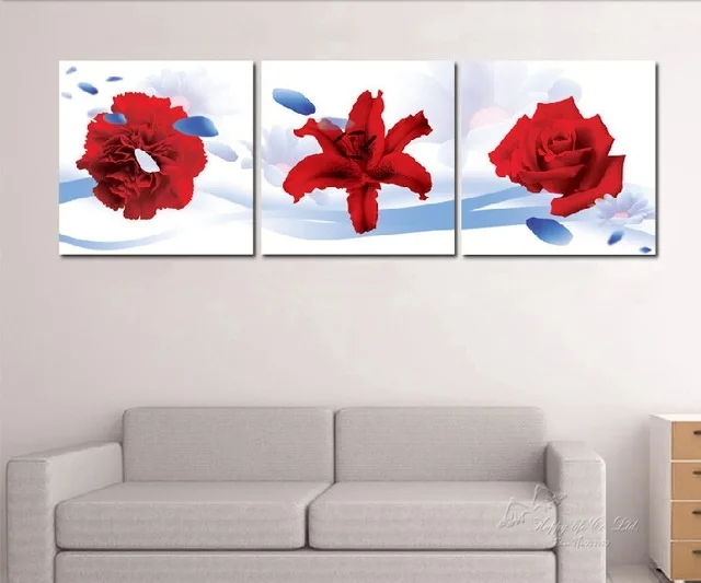 3 Panels Unframed Canvas Photo Prints Red Flowers Wall Art Picture