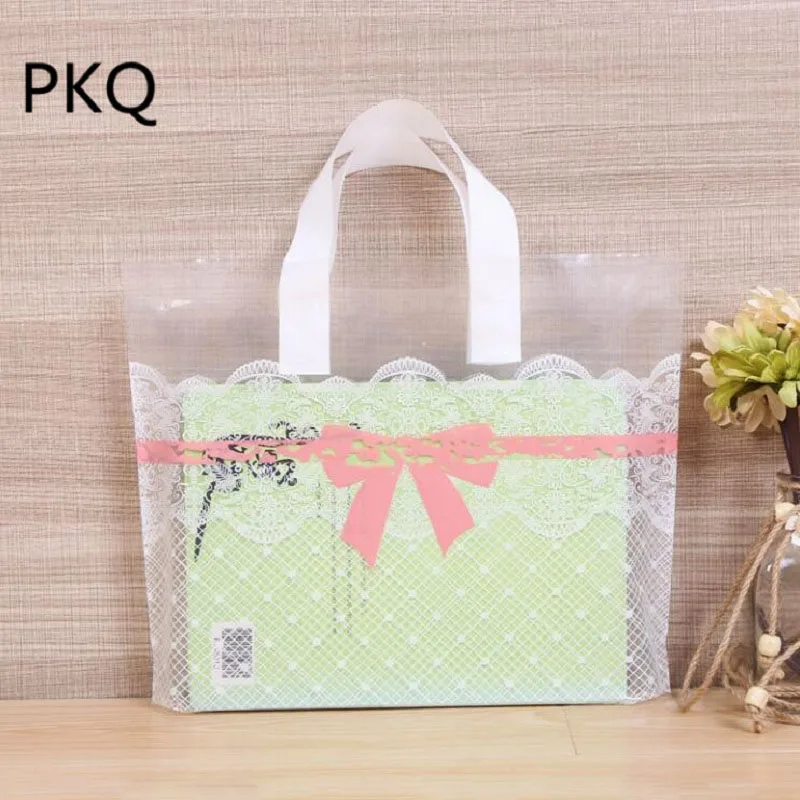 50pcs/lot White Lace Bow knot Pink gift bags,plastic shopping bags with