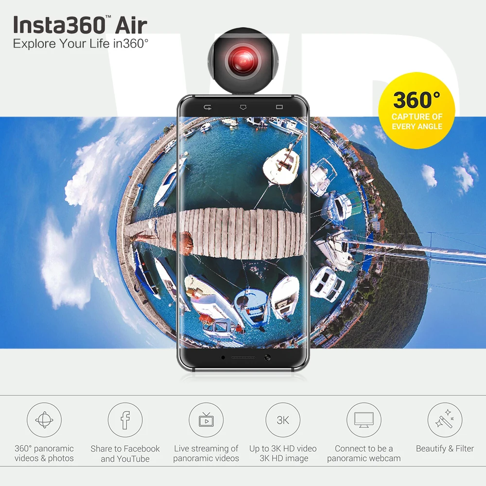 Insta360 Air 3K HD 360 Camera Dual Lens Panoramic Camera Compact Mini VR Camera For Samsung OPPO Huawei LG Andriod Smartphone