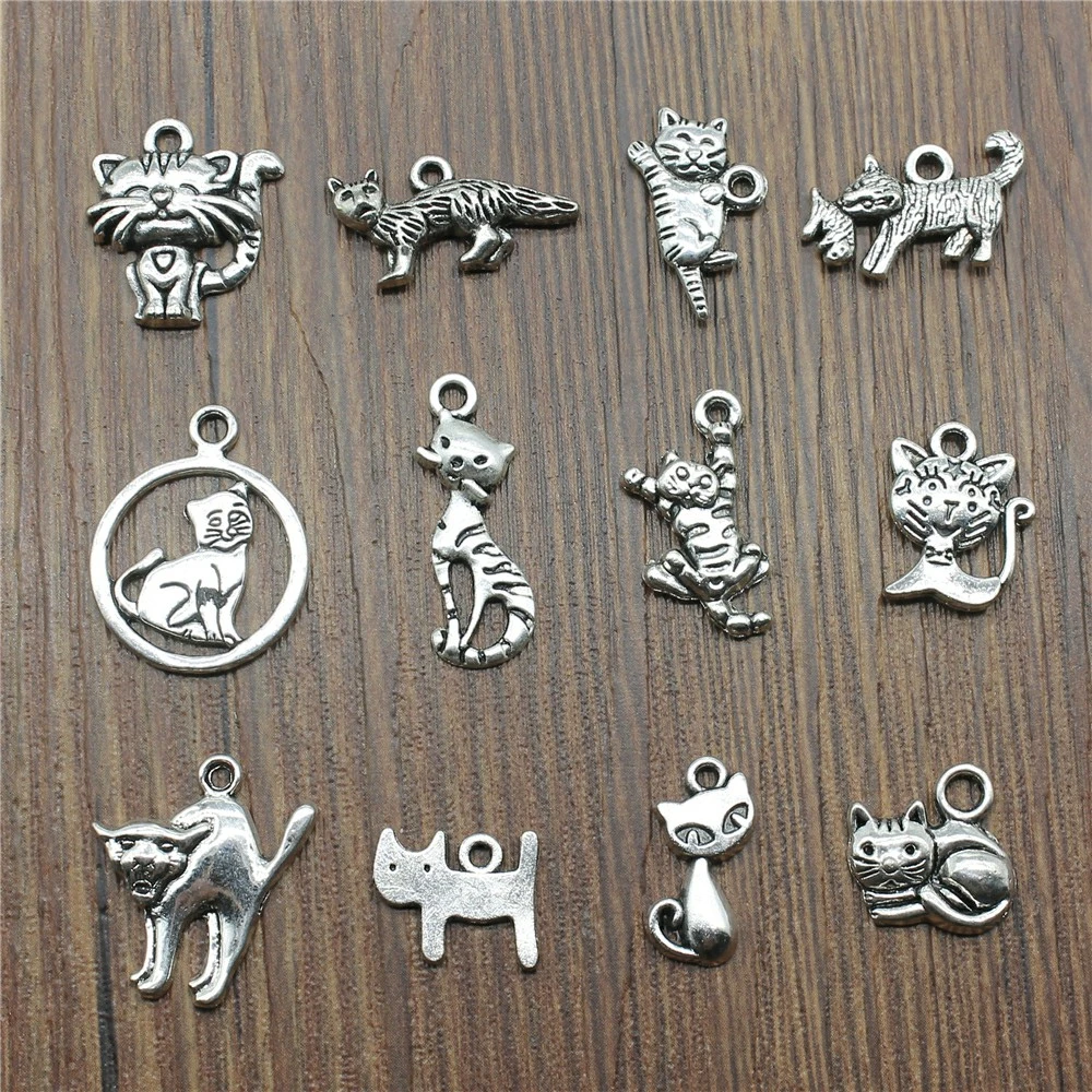 20 unids / lote dijes colgantes de gato Color plata antigua joyería de dijes de gato pequeño DIY gato hacer pulseras|Amuletos| - AliExpress