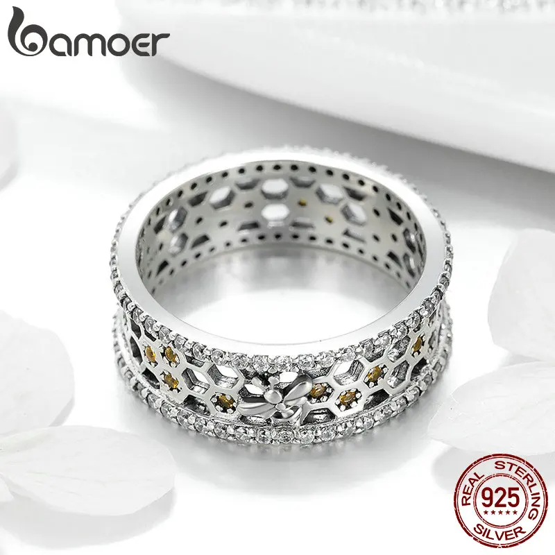 BAMOER Genuine 100% 925 Sterling Silver Trendy Bee & Honeycomb Clear CZ Finger Rings Engagement Wedding Jewelry Gift SCR391
