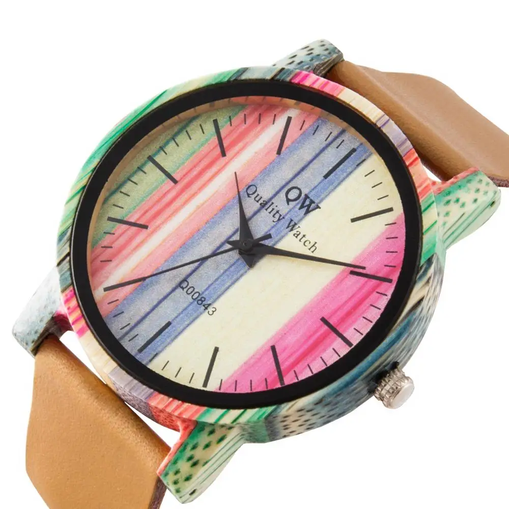 QW Спортивные кварцевые женские часы с шагомером для девушек, женские модные повседневные деревянные модные женские кожаные красочные роскошные деревянные часы