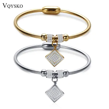 

New Square Crystal Bracelets Bangles Magnet Clasp With Snake Chain Fashion 316L Stainless Steel Wedding Jewelry Bangle for Women