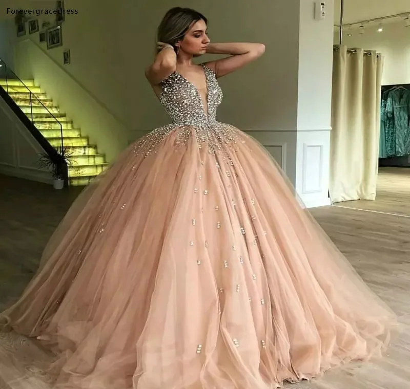 Champagne Tulle Ball Gown Quinceanera Dress 2019 Elegant Heavy Beaded Crystal Deep V Neck Sweet 16 Dresses Evening Prom Gowns  187 (2)