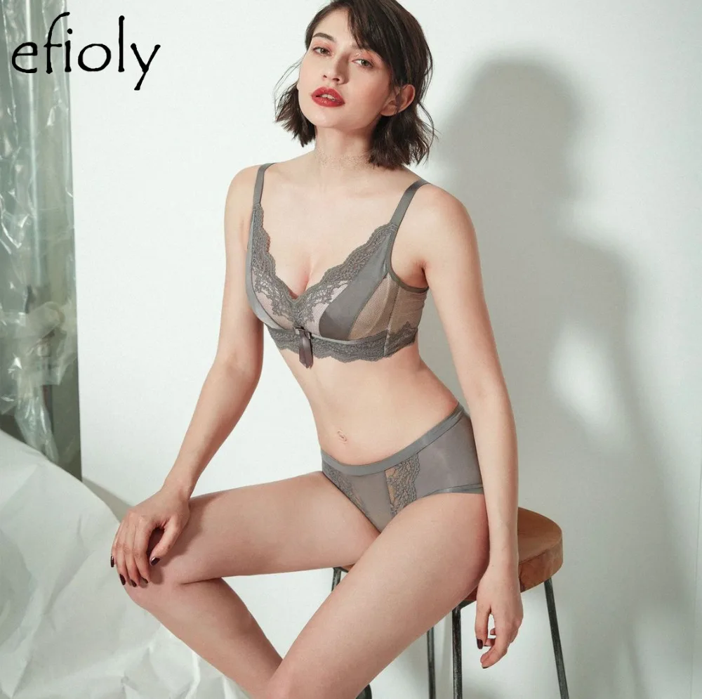 

EFIOLY NT19A0085 Sexy Lace Underwear Women Set Ultra-Thin Breathable Bow Bra Set No Steel Ring Gathered On Top Push Up Bra Set