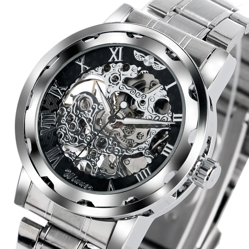 WINNER Roman Numerals Steampunk Skeleton font b Mechanical b font Stainless Steel Dress Men Wrist Watch