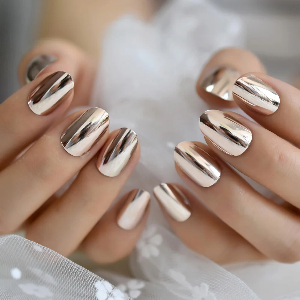 

Champagne Gold Mirror False Nail Round Metallic Simple Medium Fake Nails Decoration Press On Manicure 24CT