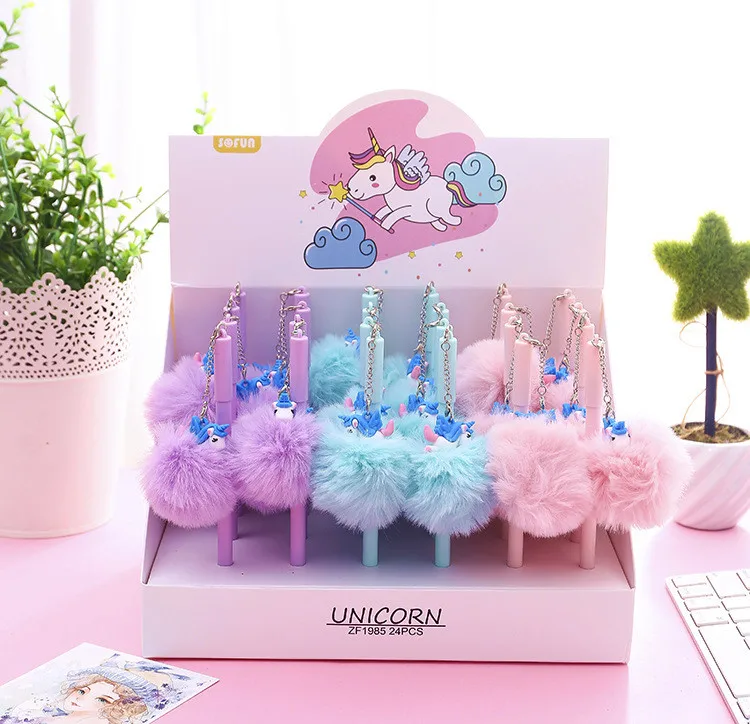 

24pcs/lot Cartoon gel pen color horse Silicone plush ball pendant office school supplies water ink writing pen