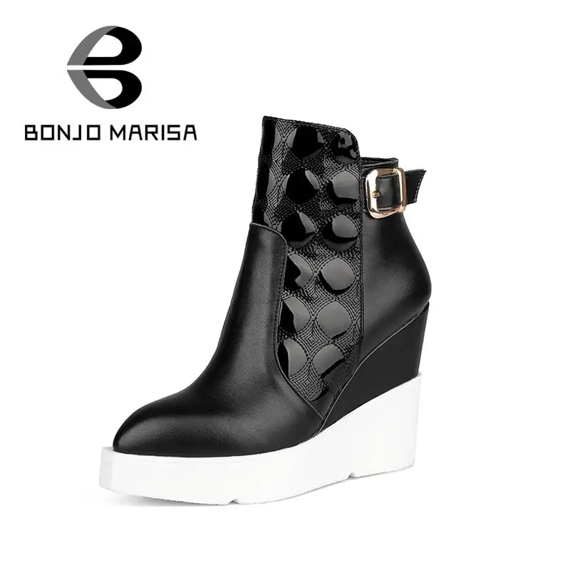 

BONJOMARISA Fashion Women Ankle Boots Buckle Design Round Toe Palatform Shoes Women Wedges Winter Snow Boots Black Color