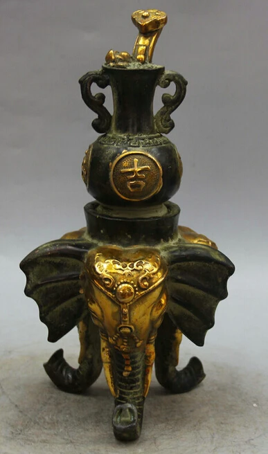 ymy917+++ 11&quot Chinese Bronze Gild Ru Yi Auspicious Safety 3 Foot Elephant Head Vase Statue | Дом и сад