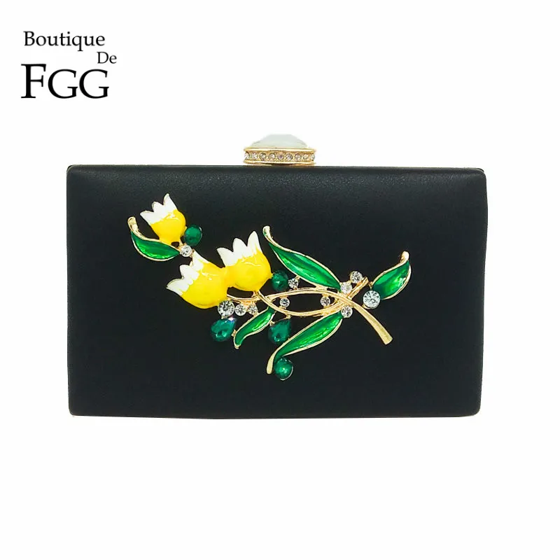 

Boutique De FGG Metal Rose Flower Crystal Women Black PU Evening Purse Metal Day Clutches Handbag Party Dinner Clutch Bag