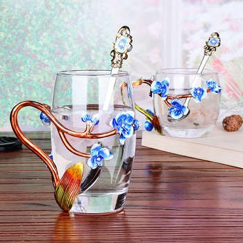 

Cerative Blossom Decorated glass cup Enamel Coffee Cup teacup Flower Tea Glass Milk Cups Alloy Handgrip Cups and spoon Gift box