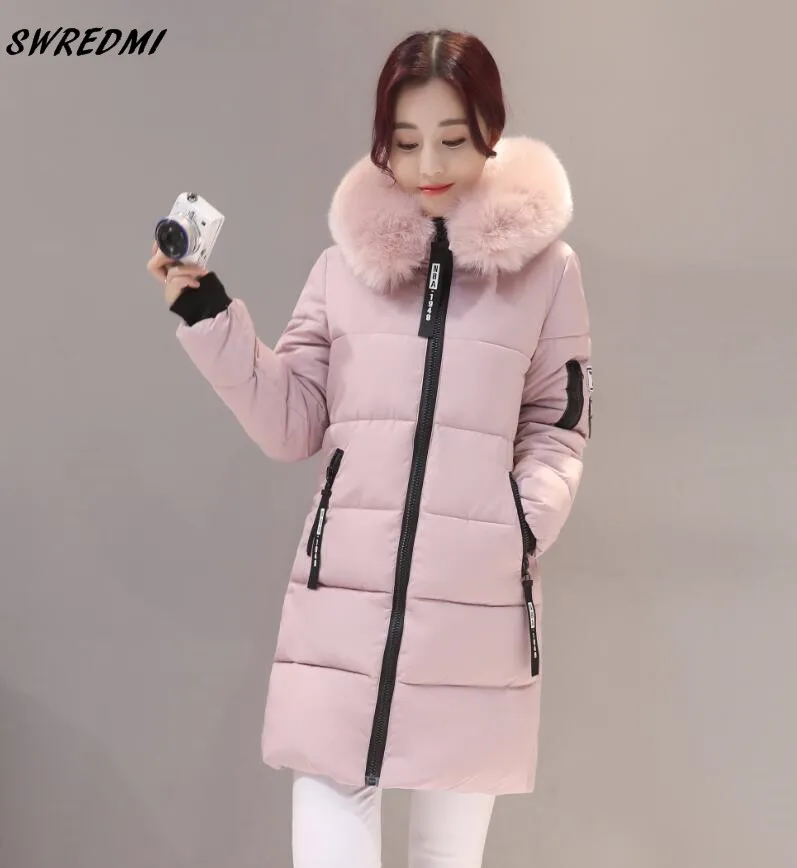 SWREDMI зимние пальто для женщин с большим меховым воротником с буквенным принтом, тонкая плотная теплая одежда, верхняя одежда размера плюс, хлопковые парки средней длины - Цвет: pink