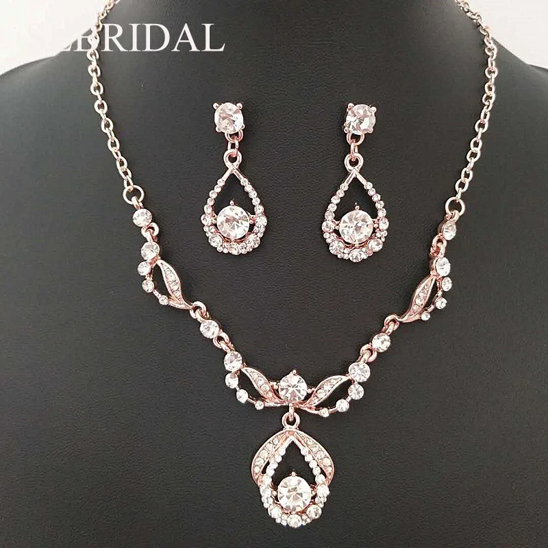 

SLBRIDAL Rose Gold Color Clear Rhinestones Crystals Wedding Jewelry Set Bridal Necklace Earrings Set Party Jewelry Sets Women
