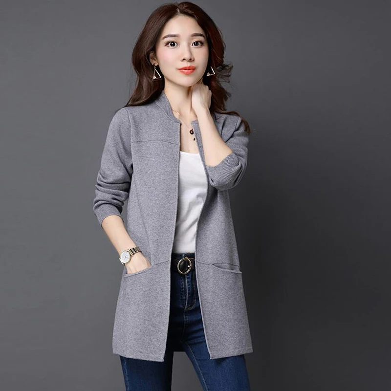 

Plus size Long Section Knit Cardigans Sweater 2018 Autumn Winter new Loose sweater coat female Top pocket solid color