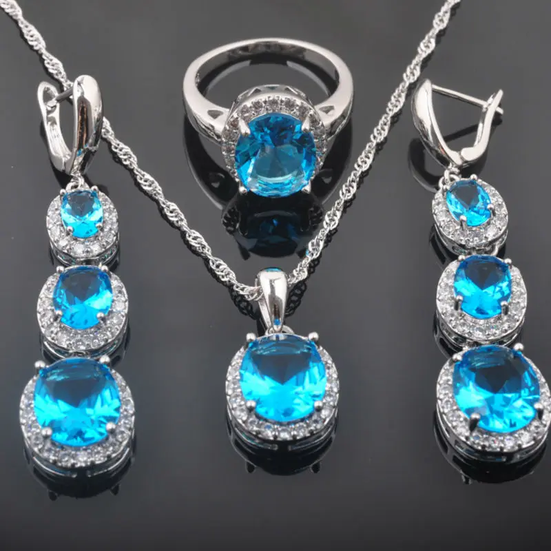 

FAHOYO Elegant Sky Blue White Zircon Women's 925 Sterling Silver Jewelry Sets Earrings Pendant Necklace Rings QZ0123