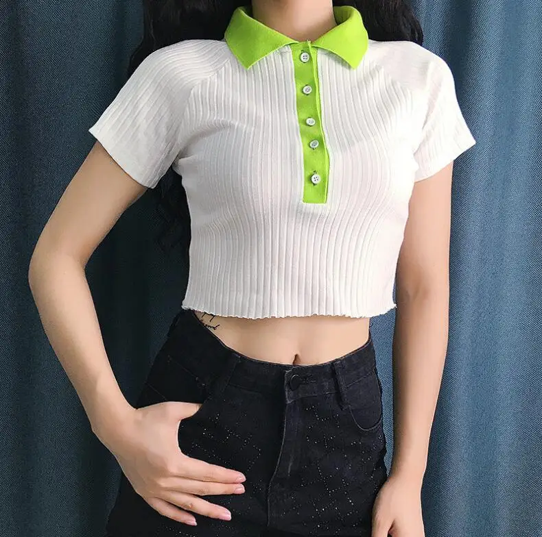 

Summer hit color turn-down collar button short-sleeved t shirt women