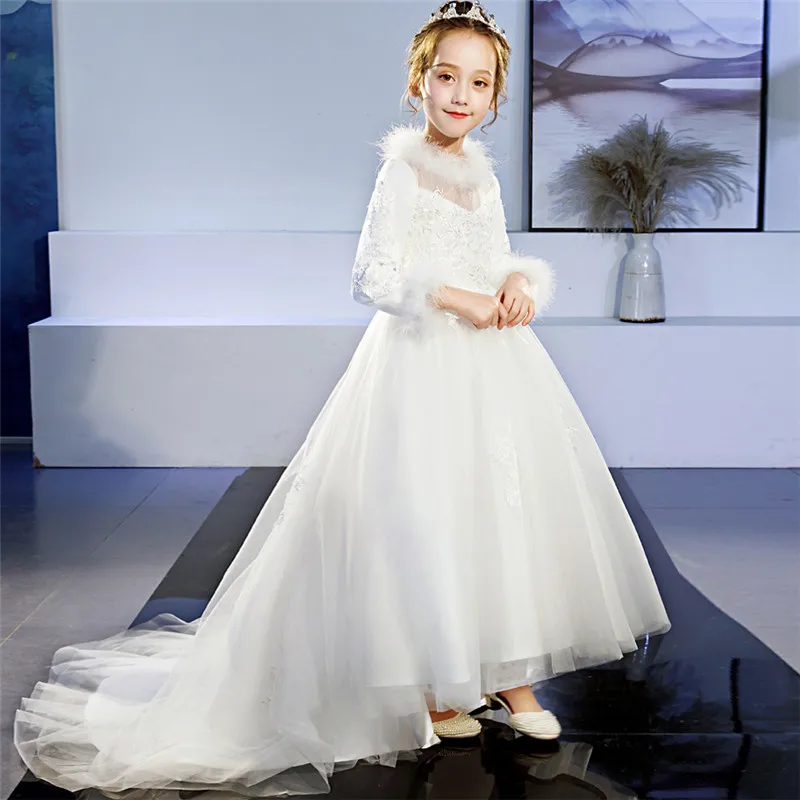 

Autumn Winter Luxury New Children Girls Model Performance Princess Long Mesh Tail Dress Kids Solid White Birthday Wedding Dress