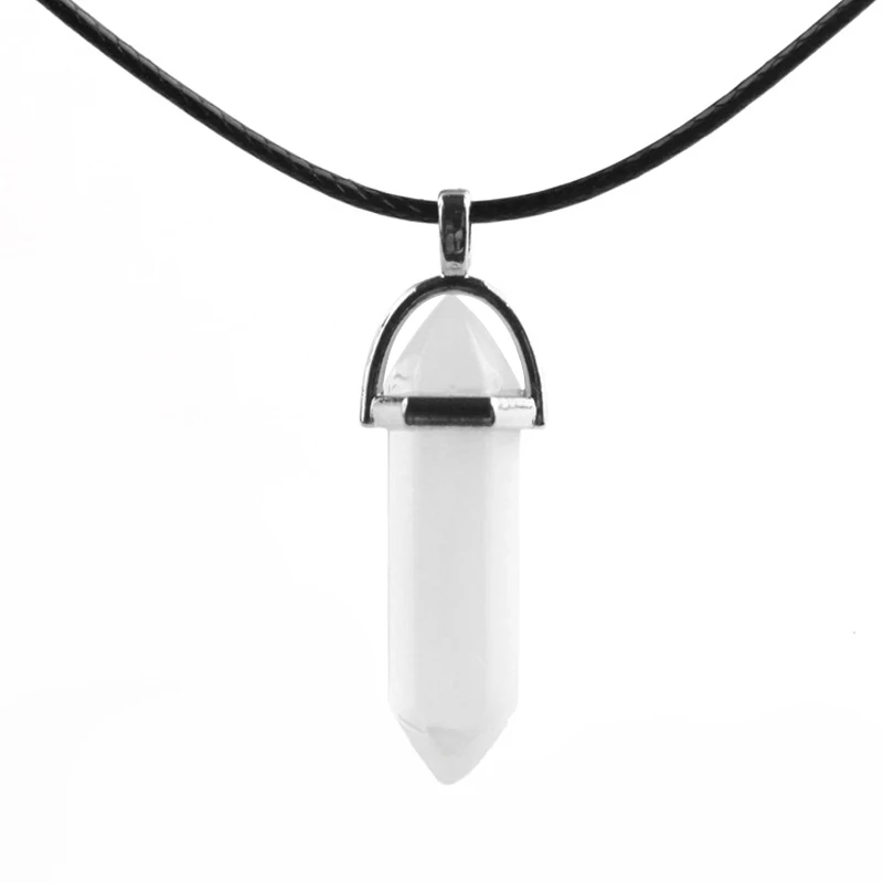 Шестиугольная колонна натуральный кристалл бирюза оптальный стеклянный каменный кулон ожерелье кожаные цепи колье ожерелье для женщин подарок - Окраска металла: White