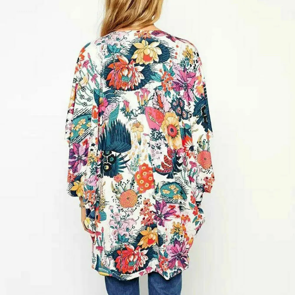 Women Floral Print Chiffon Loose Shawl Kimono Cardigan Top Cover up