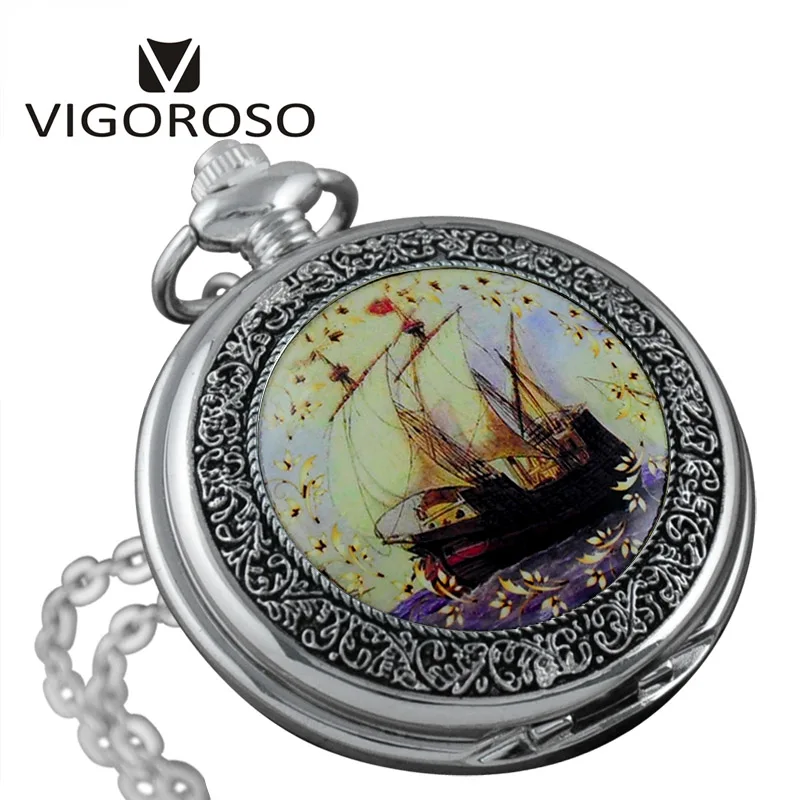

Vintage Case Quartz Pocket Watch Men Sea and Sailing Boat Watch Women Pendant Waist Chain Round Relogio Gift