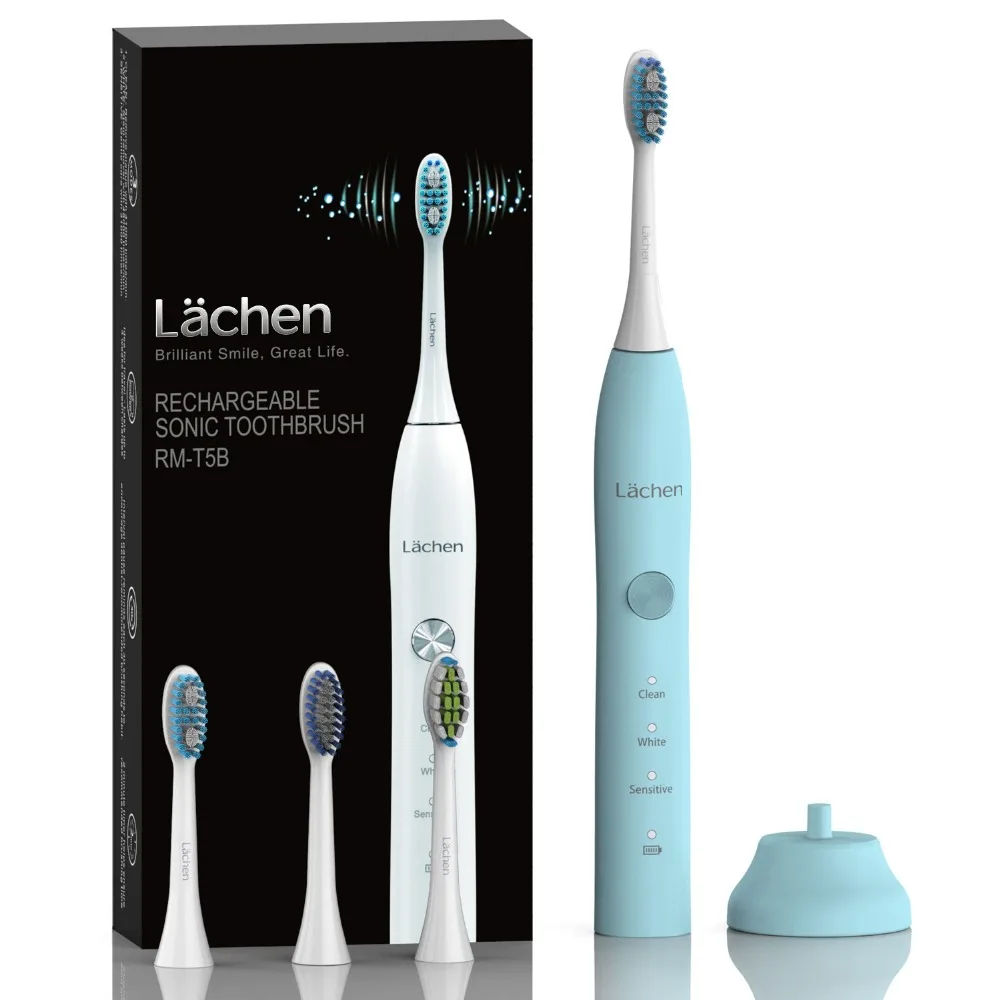 

Lachen RM-T5B Ultrasonic Electric Toothbrush USB Rechargeable 3 Modes Clean/White/Sensitive Timer Waterproof IPX7 With 4 Heads