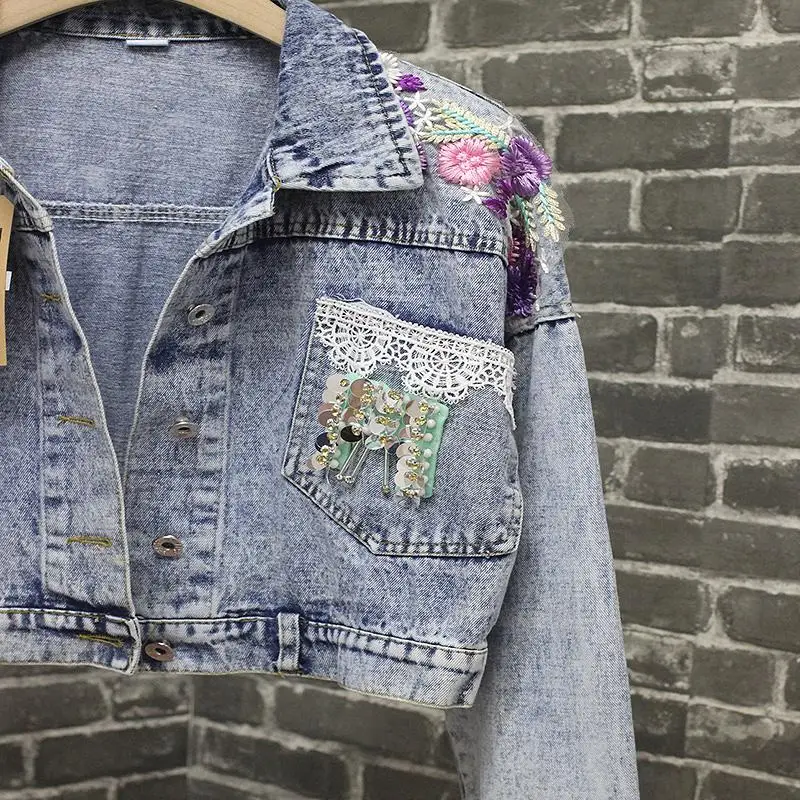 2019 Новая женская Повседневная джинсовая куртка с длинным рукавом Florla Mbroidery