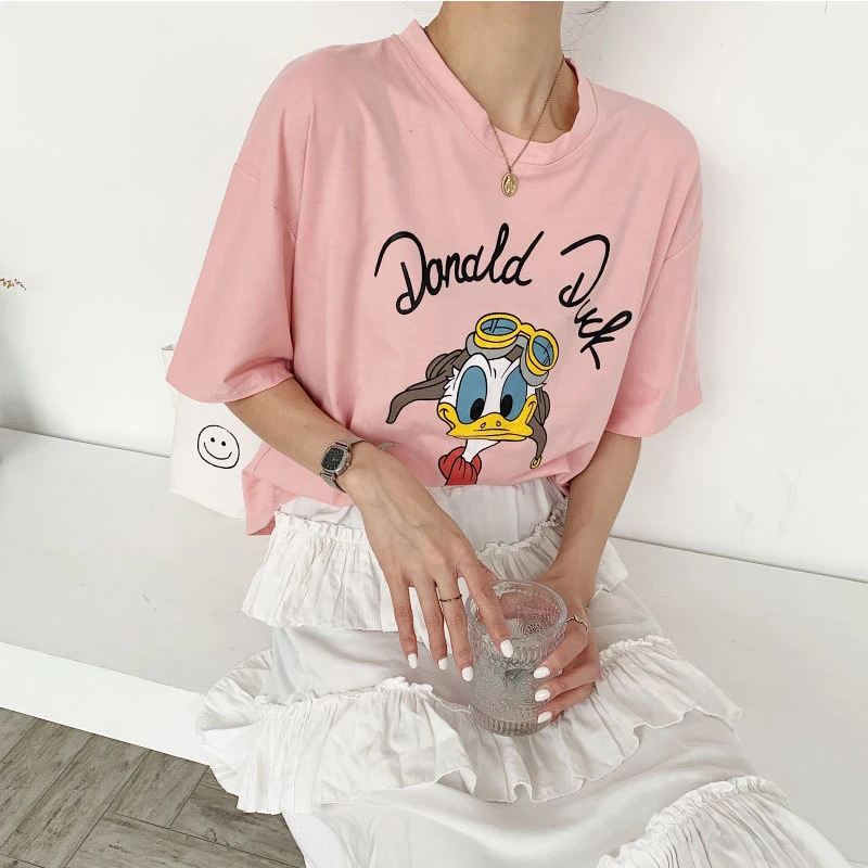

Summer 2019 New Korean Academy Wind Cartoon Animation Printing Age-Reducing Leisure T-shirt Women's Short Sleeve Hundred-Up Top