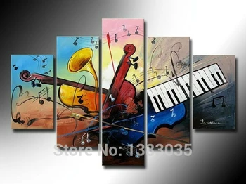

Hand Painted 5 Piece Musical Instruments And Note Abstract Canvas Oil Painting Modern Large Wall Art Set Picture For Decoration