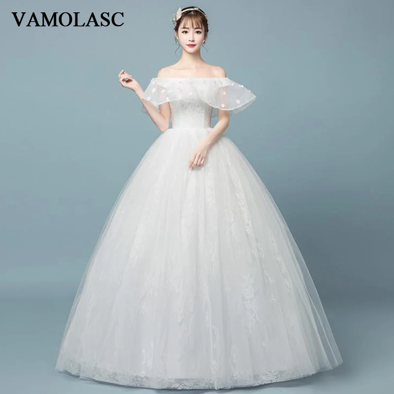

VAMOLASC Boat Neck Lace Flowers Appliques Ball Gown Wedding Dresses Off The Shoulder Backless Bridal Gowns