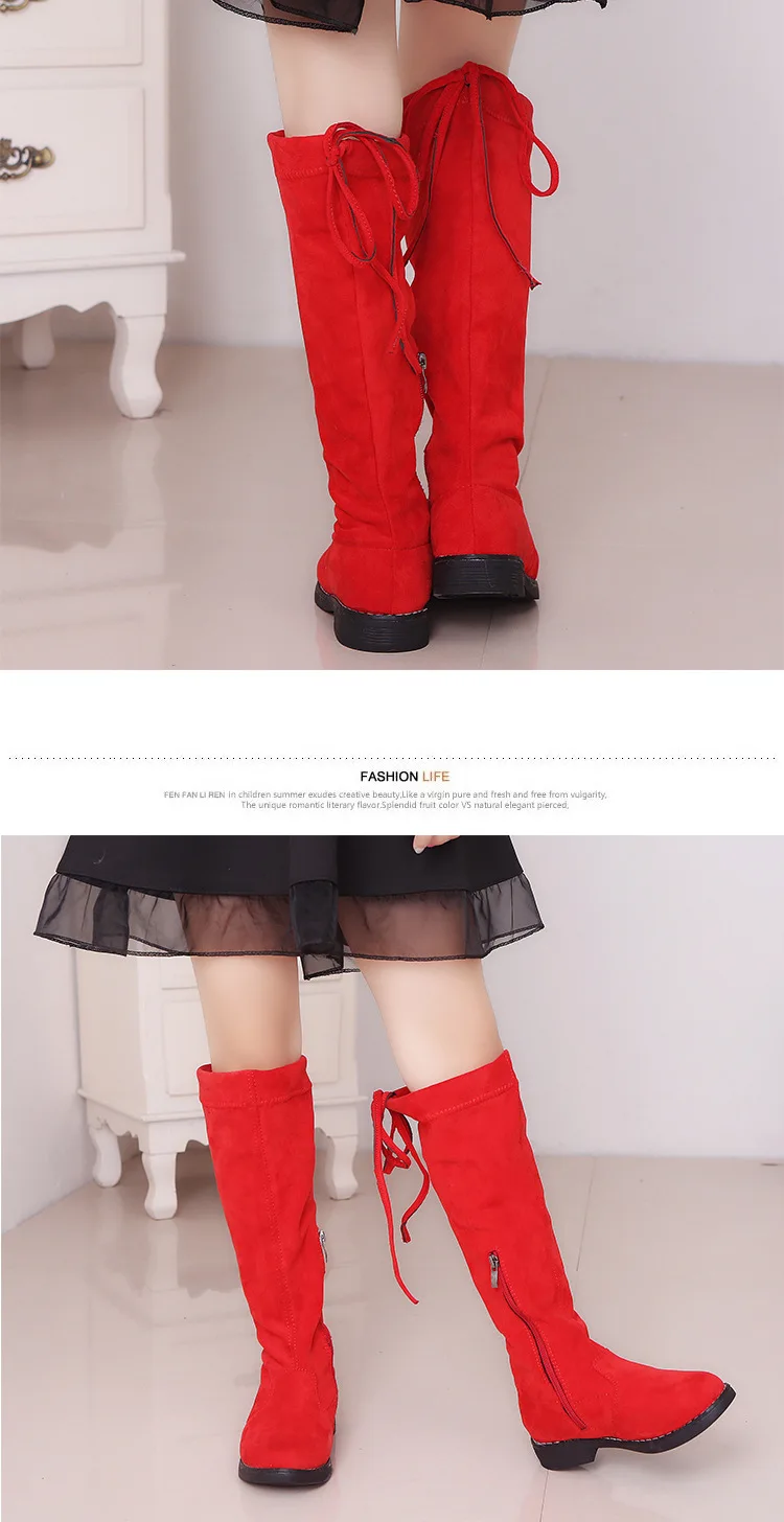 Winter Fashion Child Girls Snow Boots Warm Plush Shoes Nubuck Lether Princess Boots Girls High Long Boots Red Black Brown KS454