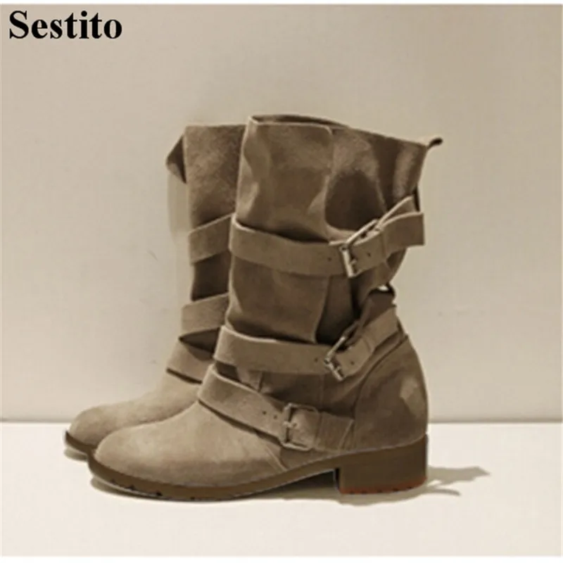 

European Fashion Black Flock Buckle Short Boots Gradient Round Toe Mid-Calf Boots For Women Low Square Heel Casual Women Shoes