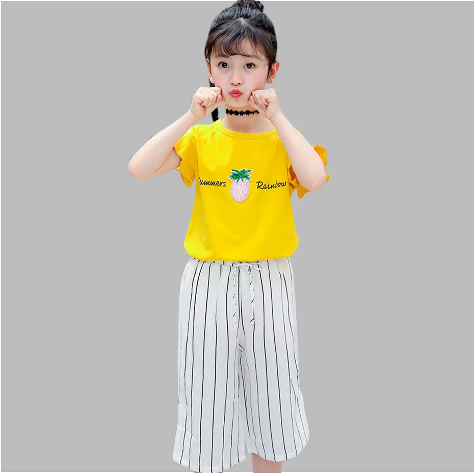 

Children's Clothing Summer Girls Clothing Printed Letter Shirt+Striped Pants Casual Teen Girl Clothes 4 6 8 10 11 12 13 Years